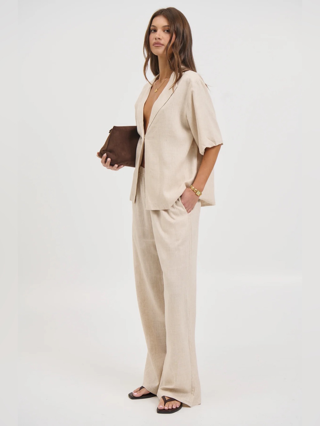 Relaxed Tan/Cream Wide-Leg Pantsuit Set — image 6 of 6